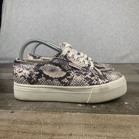 Superga Women’s Size 10 Snake Skin Print Platform Sneakers Black Grey Lace Up - Picture 1 of 10